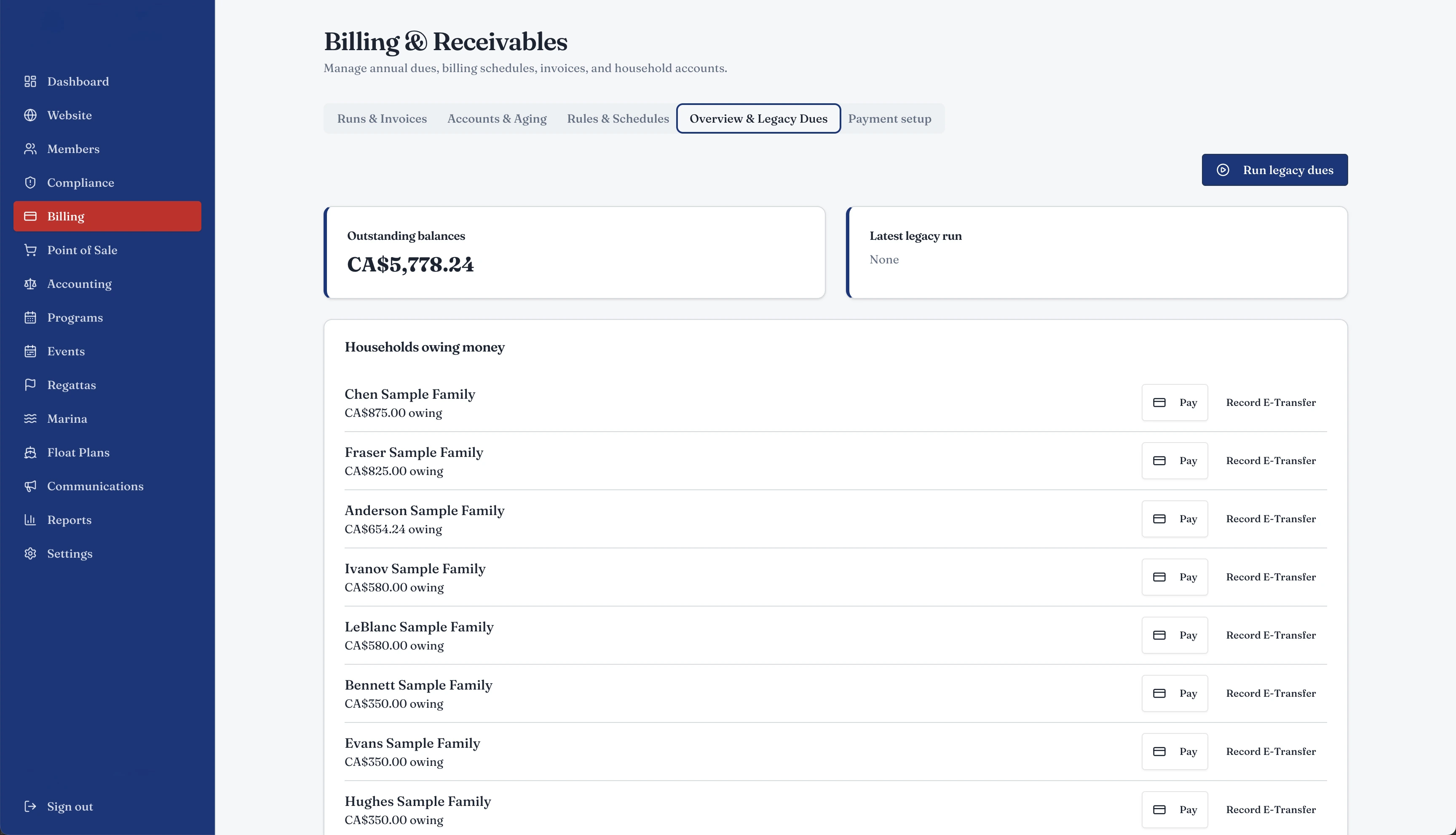 Billing and receivables with sample household balances