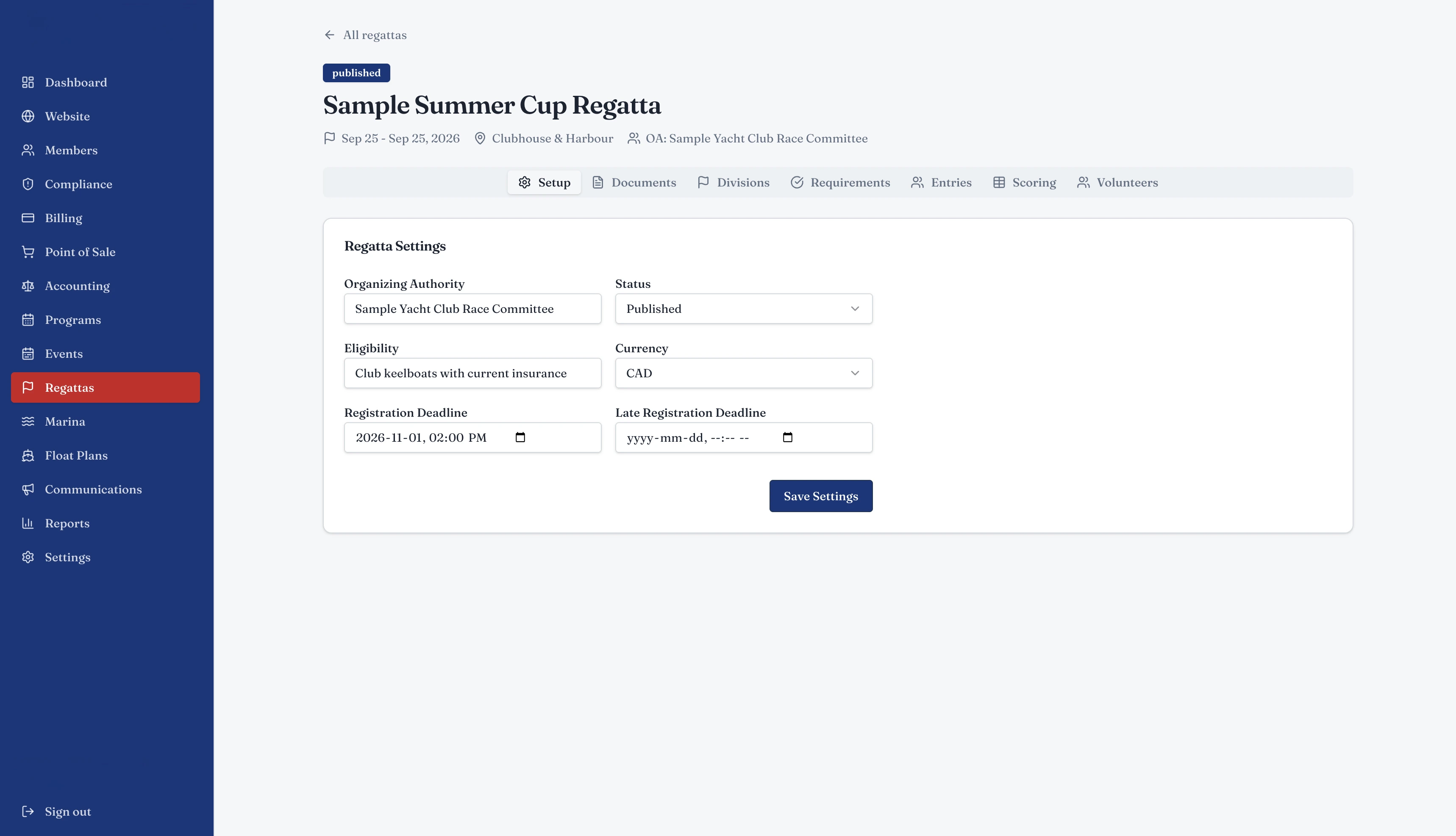 Sample Summer Cup Regatta settings with documents, divisions, entries and scoring tabs