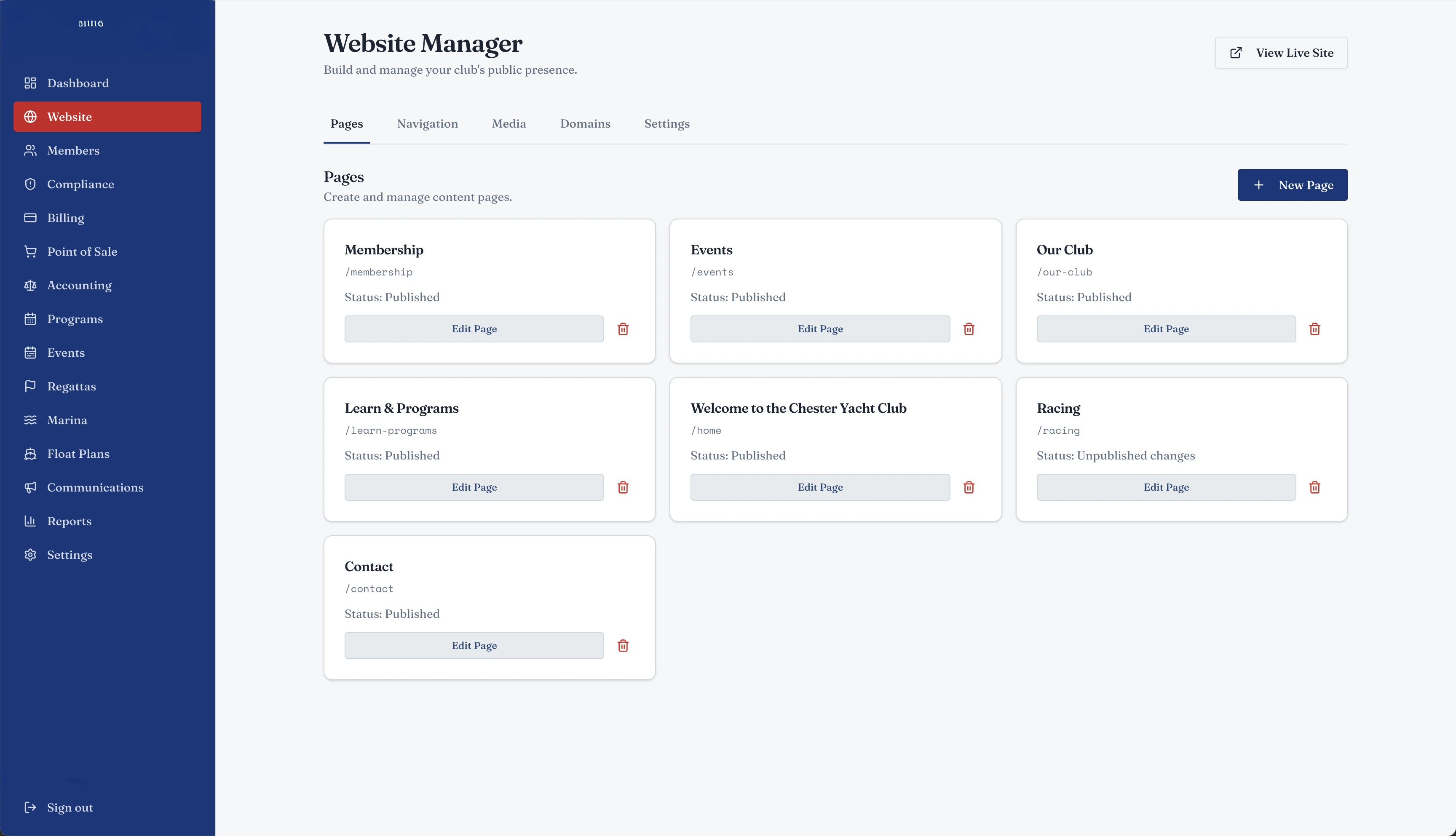 Website Manager showing sample club pages and publishing controls