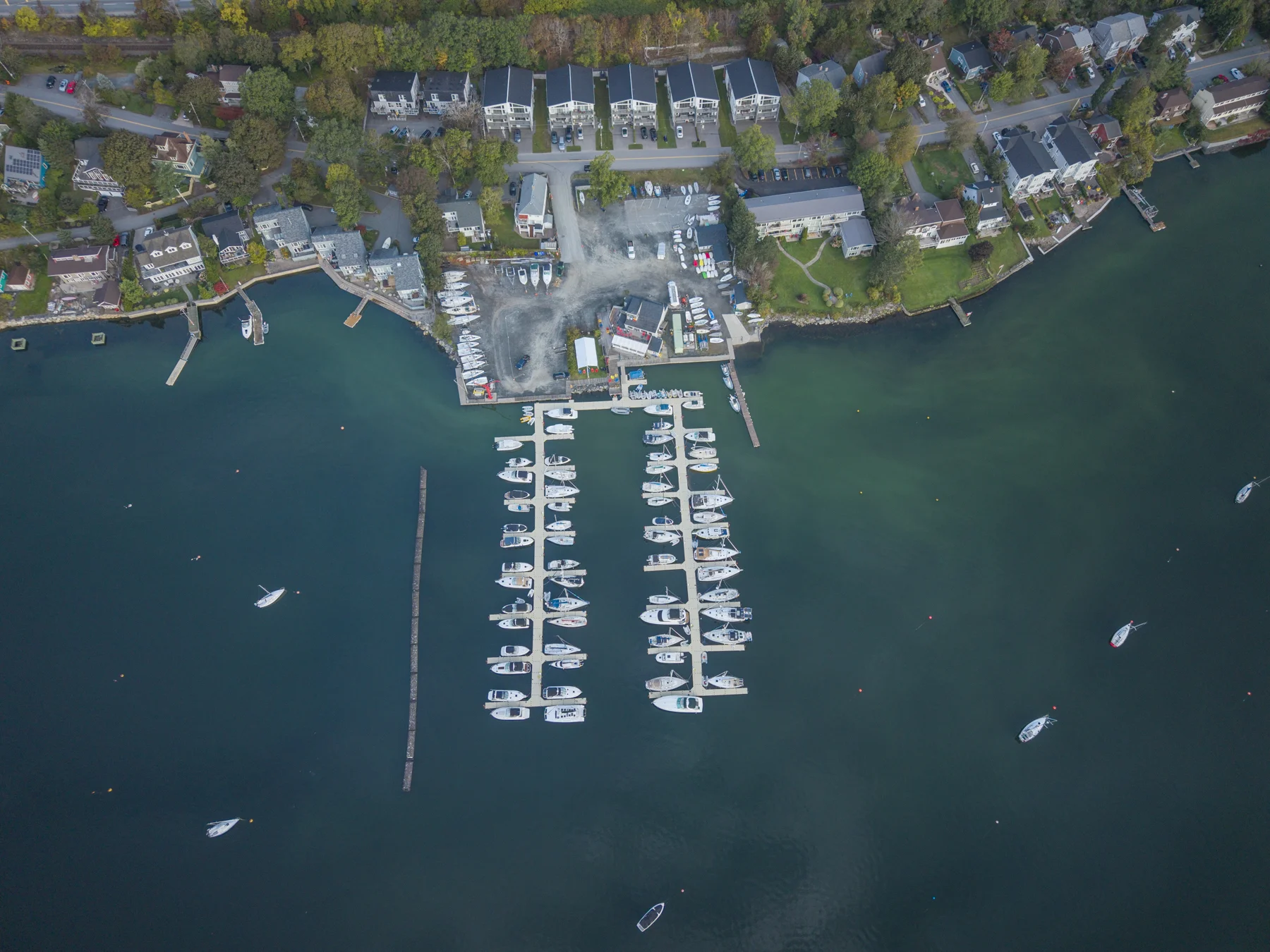 Aerial view of the club's slips, boats, boatyard and surrounding land