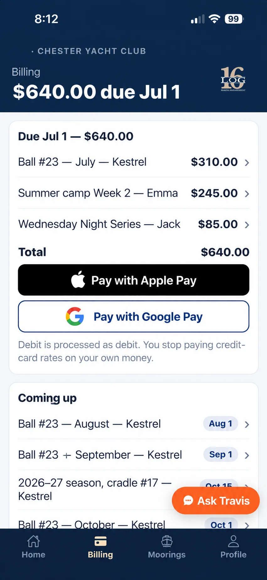 Club billing screen showing current charges, Apple Pay and Google Pay options, and upcoming payments