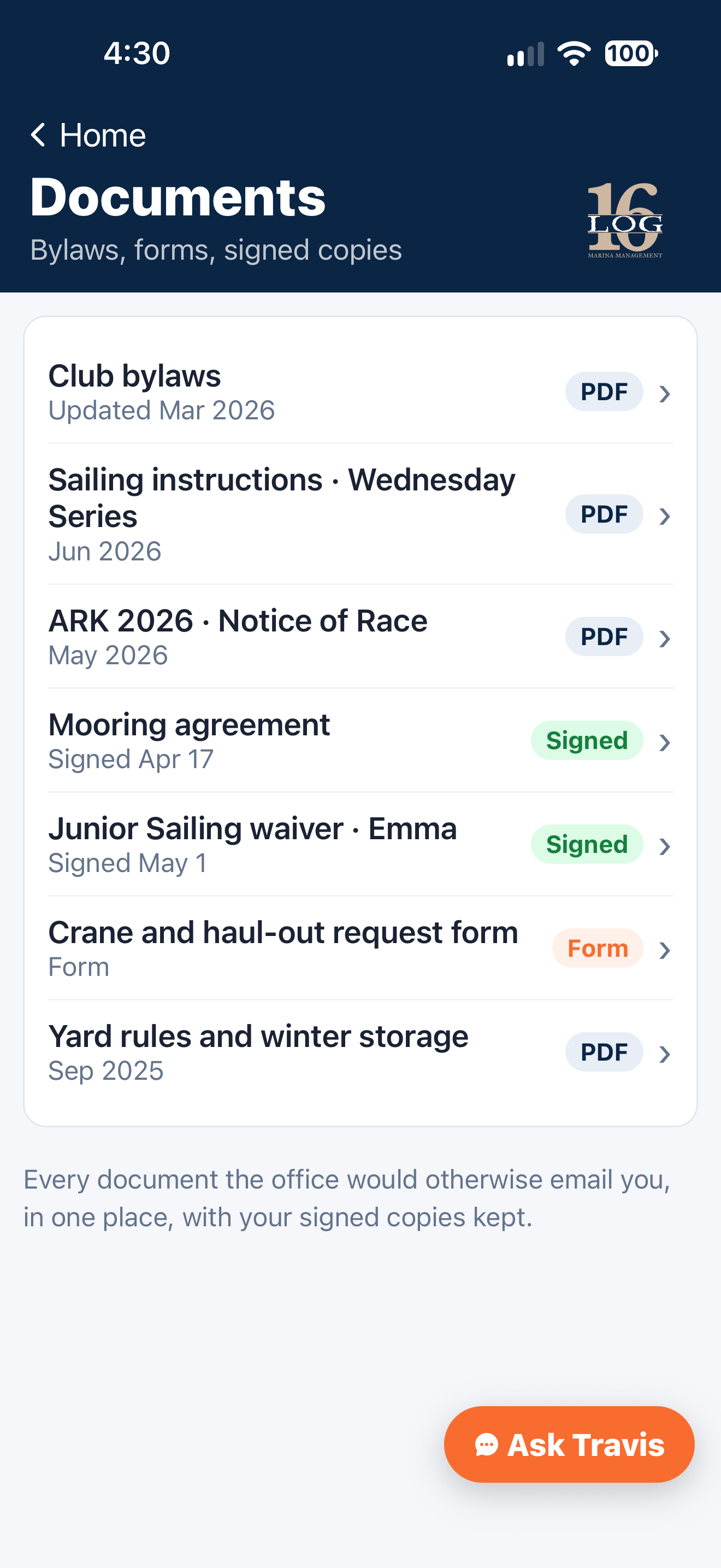 Club documents screen showing bylaws, sailing instructions, forms and signed agreements
