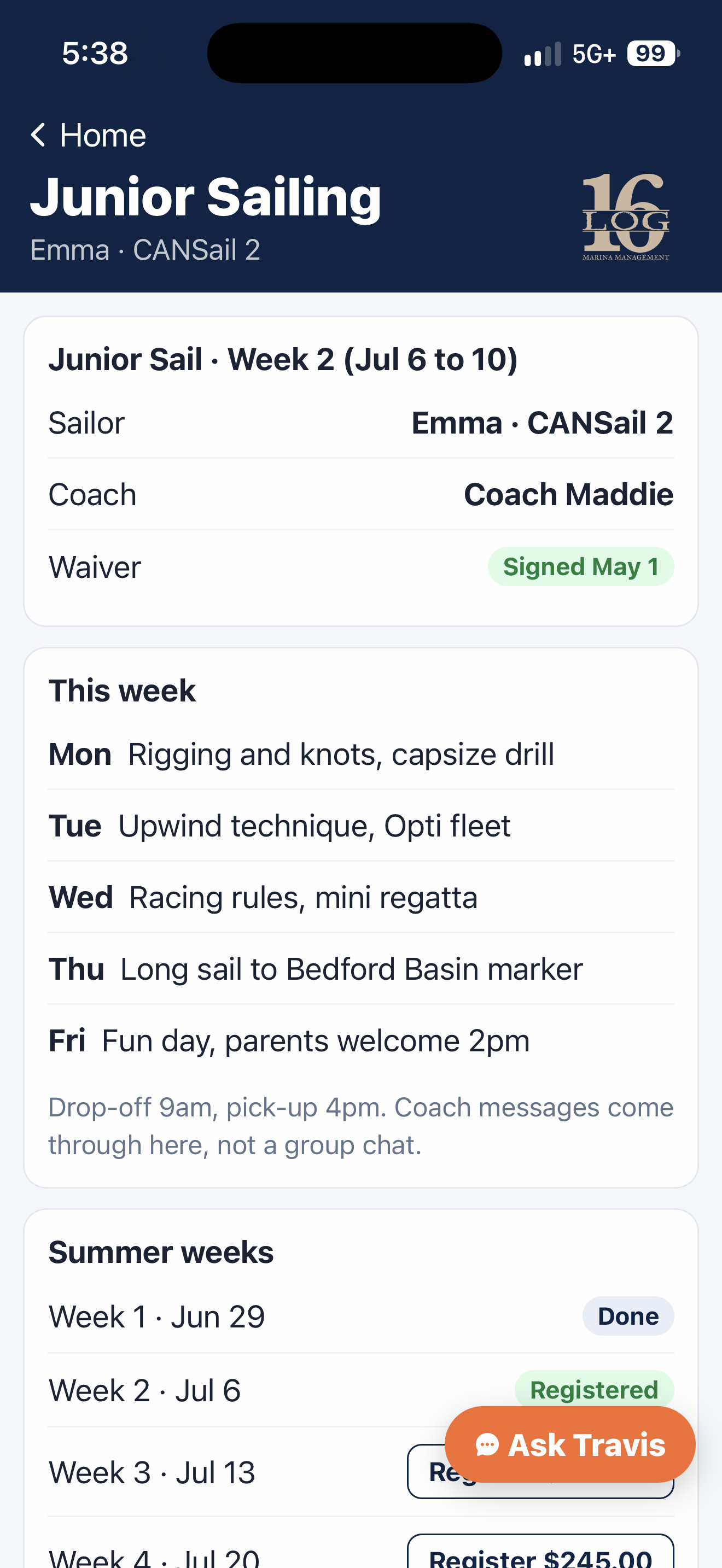 Emma’s Junior Sailing screen showing her CANSail 2 session, weekly schedule and summer registration options