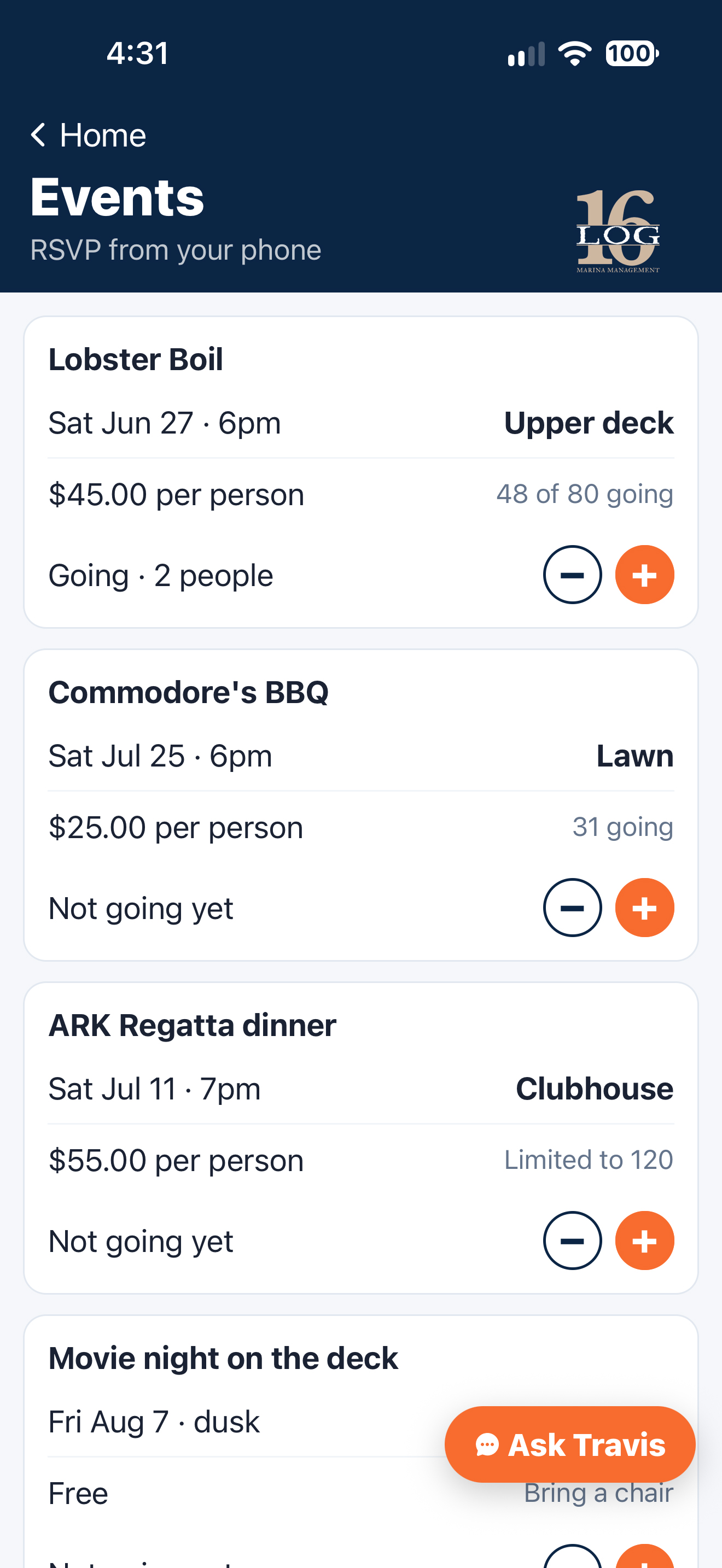 Club events screen showing upcoming gatherings, prices and RSVP controls