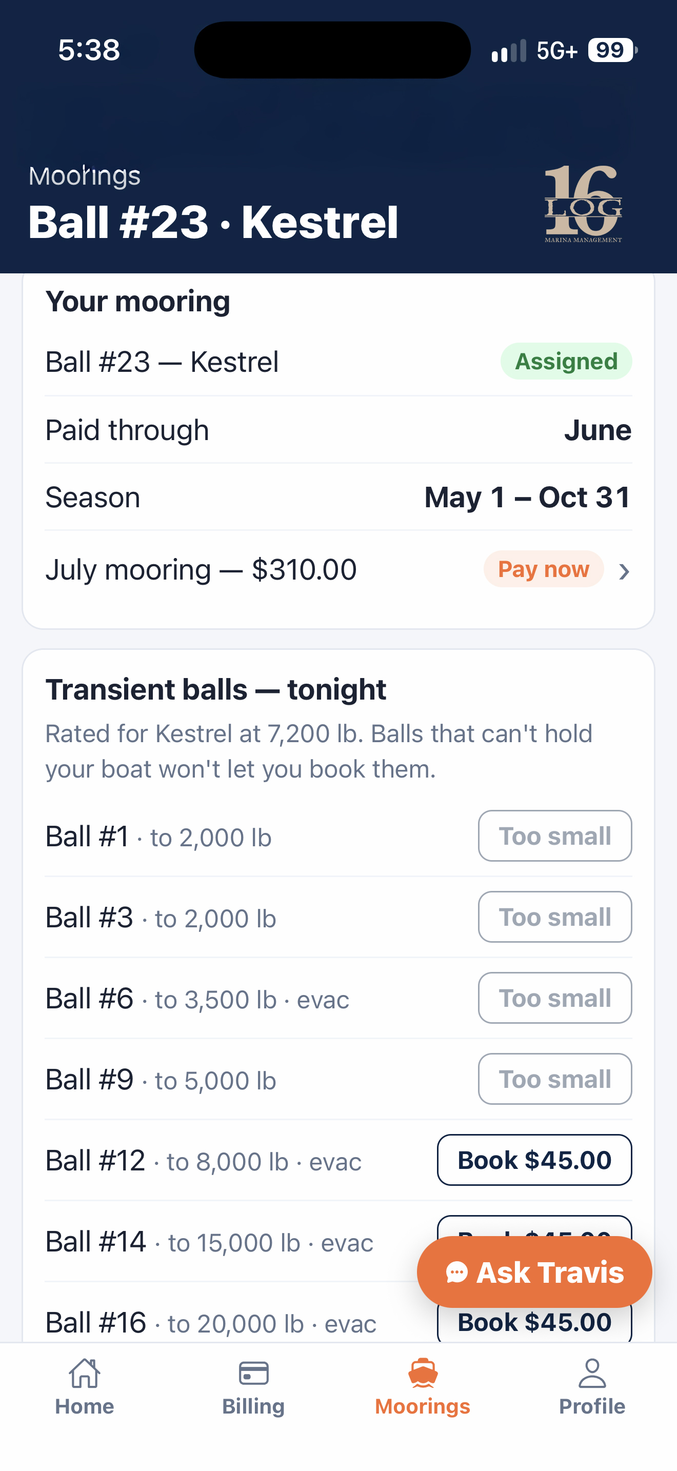 Moorings screen showing Kestrel’s assigned ball, seasonal payment and available transient moorings