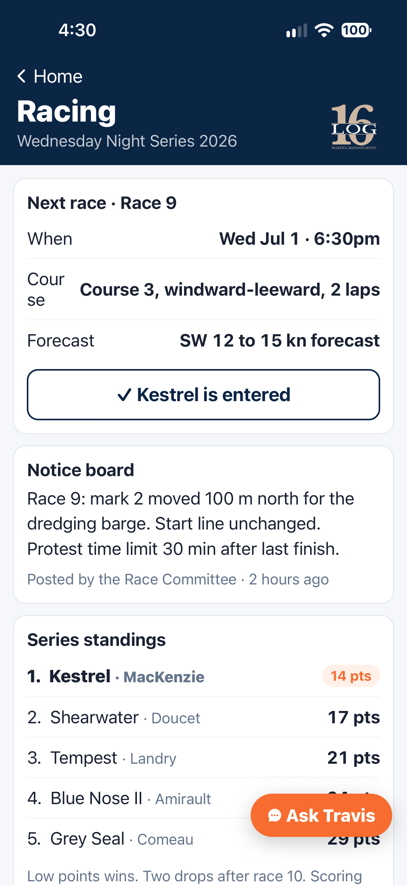 Racing screen showing the next Wednesday Night Series race, notice board and series standings