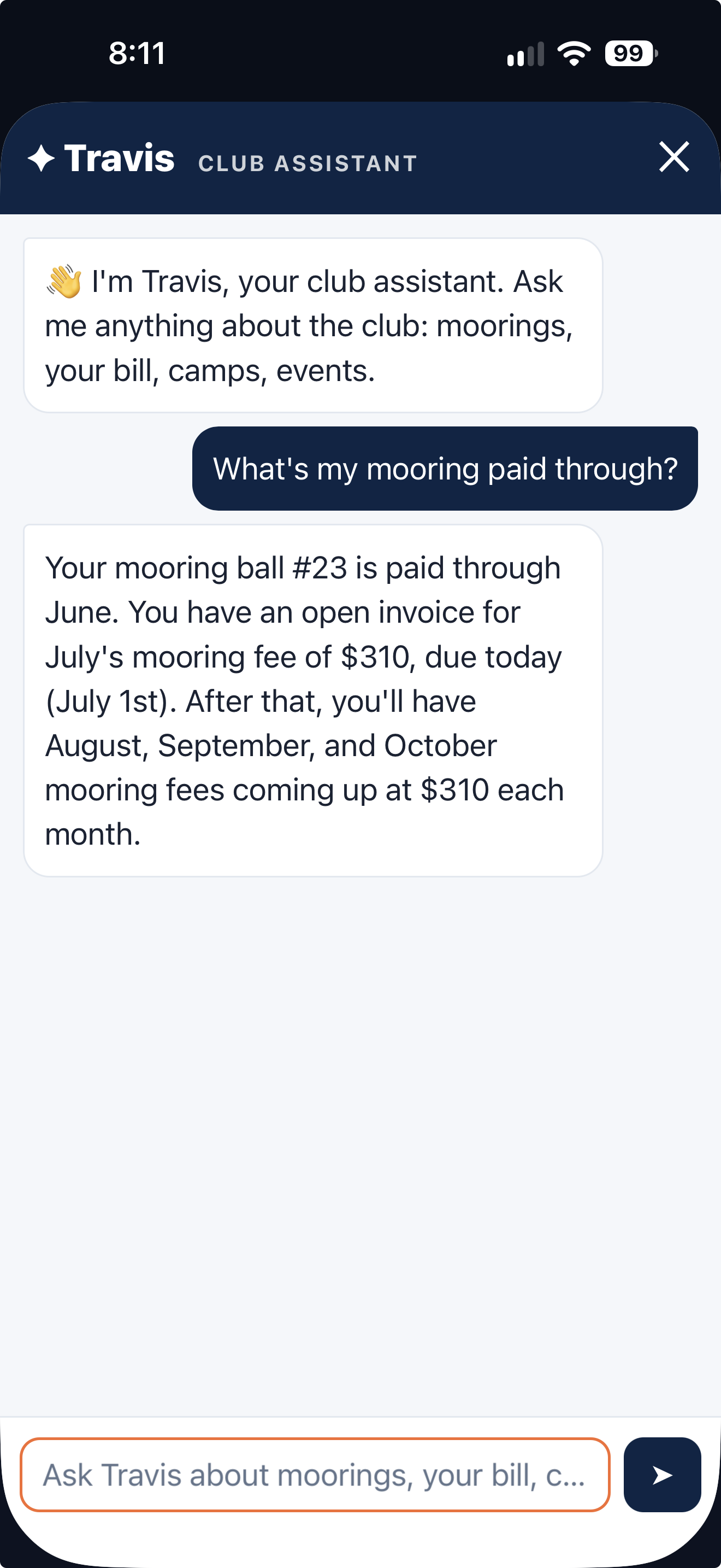 Travis club assistant answering a member's mooring billing question