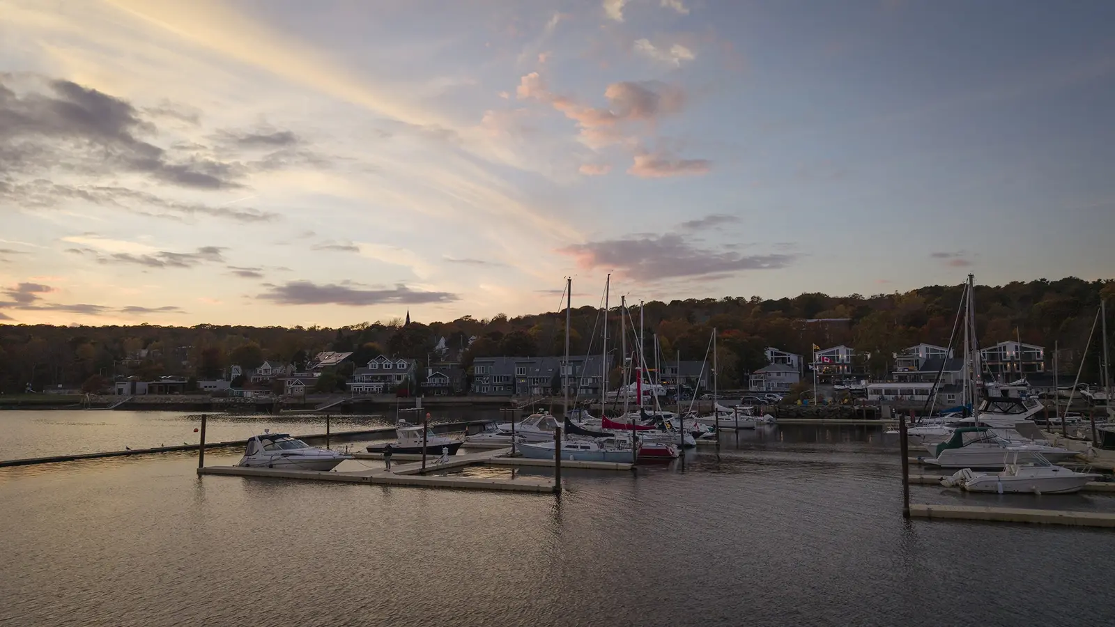 Sunset over the club marina, looking back toward the clubhouse